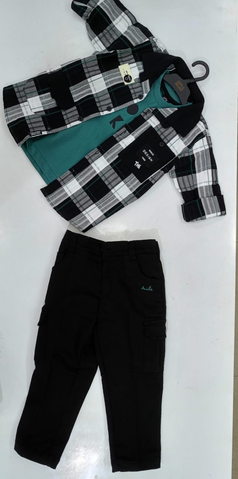 Boys Black White Check Flannel Shirt, Teal Tee & Black Cargo Pants Set