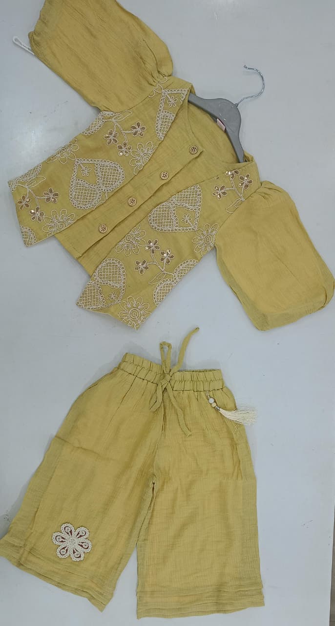 Mint Kids Mustard Embroidered Set