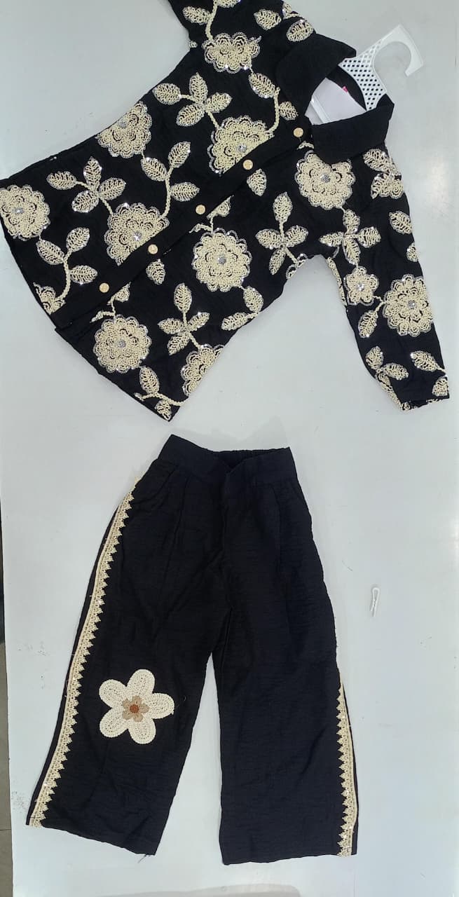 Mint Kids Black Floral Embroidered Set
