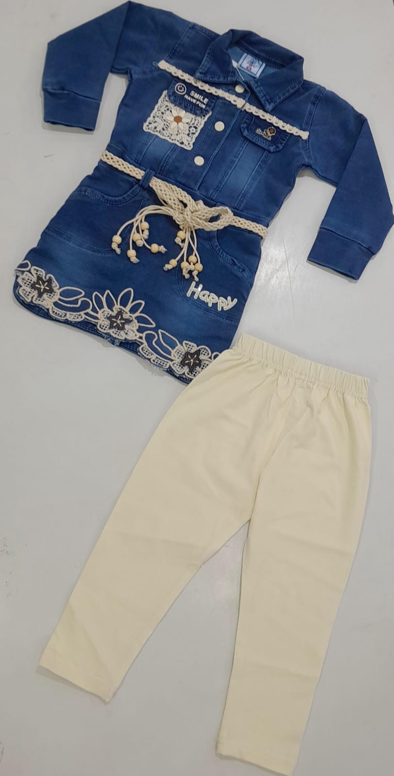 Navy Embroidered Shirt & Cream Pants Set
