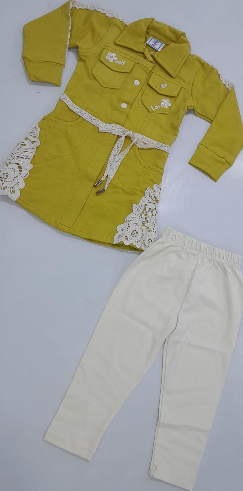 Mustard Lace Shirt & Cream Pants Set
