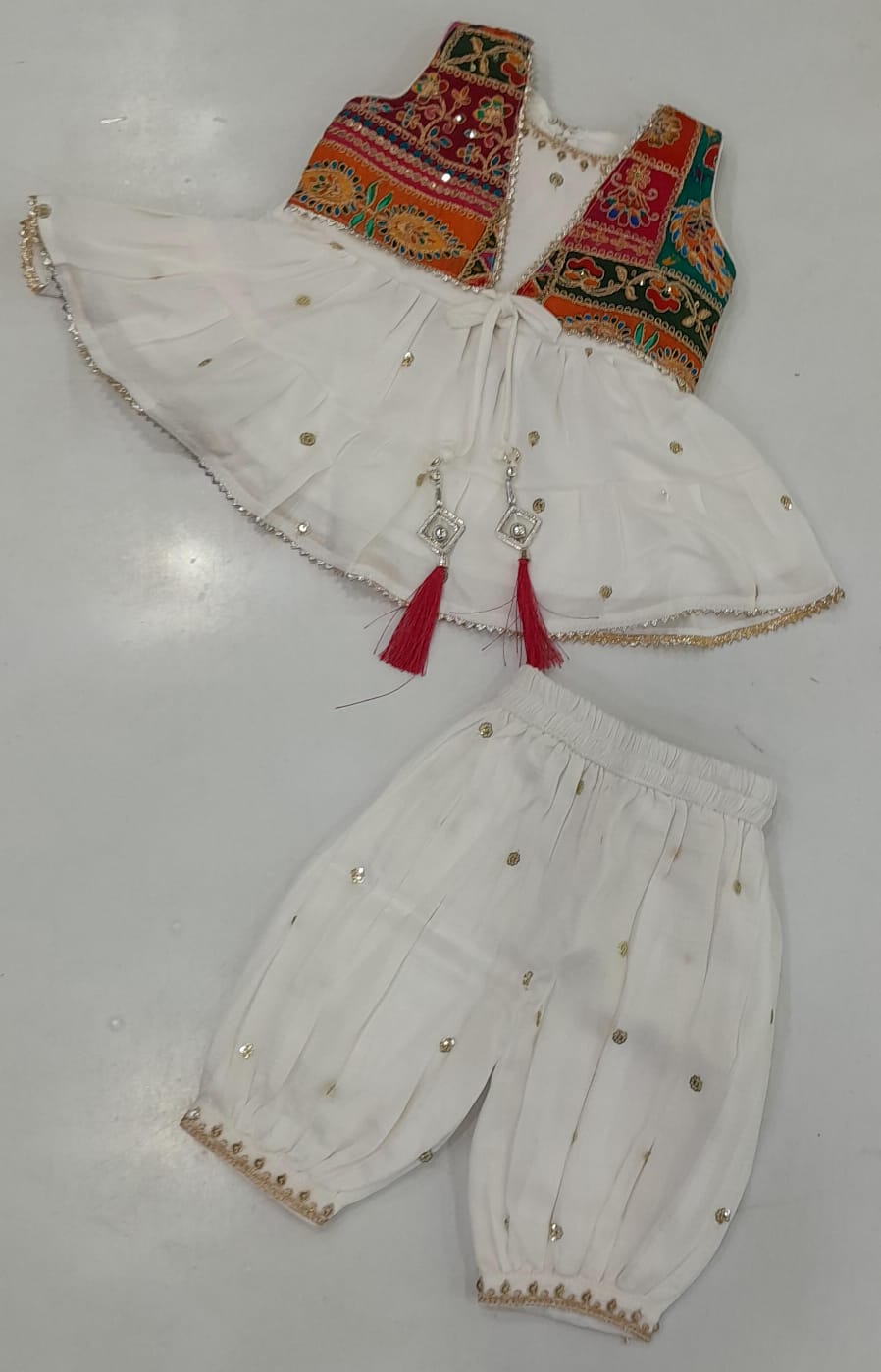White Mirror Work Peplum & Dhoti Set